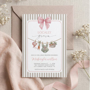 Locally Grown Pink Bow Farmers Baby Girl Shower Invitation