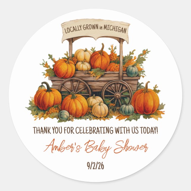 Locally Grown, Pumpkin Farmer's Market Baby Shower Classic Round Sticker (Front)