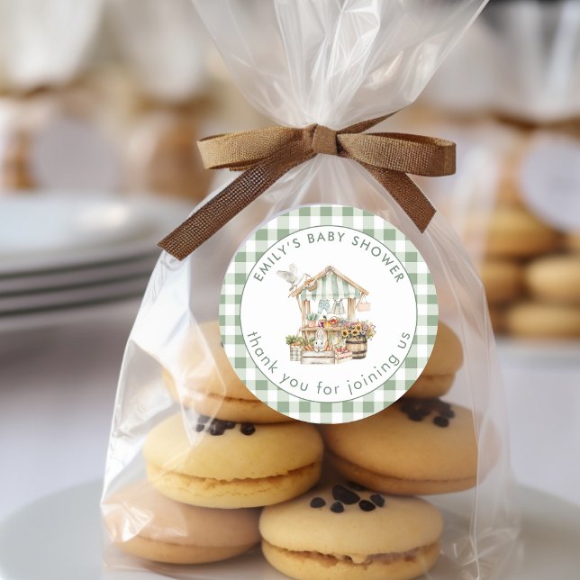 Locally Grown Sage Gingham Thank You Baby Shower  Classic Round Sticker (Creator Uploaded)