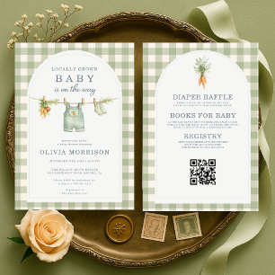 Locally Grown Sage Green Gingham Baby Shower Invitation
