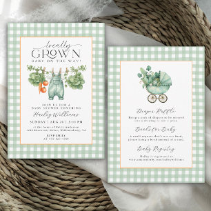 Locally Grown Sage Green Gingham Baby Shower Invitation
