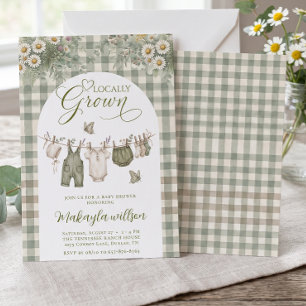 Locally Grown Sage Green Gingham Farm Baby Shower Invitation
