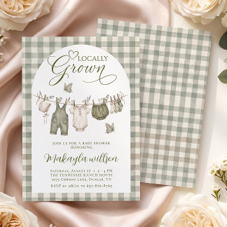 Locally Grown Sage Green Gingham Farm Baby Shower Invitation