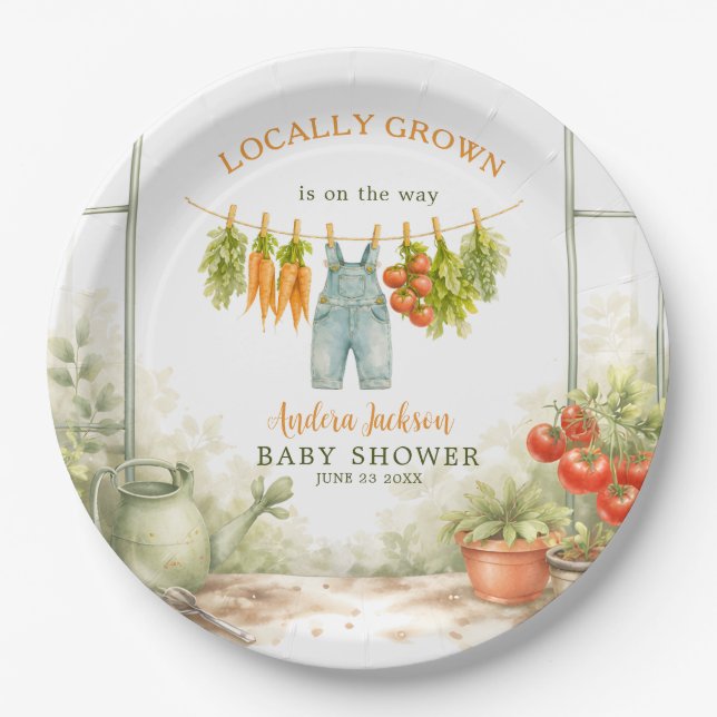 Locally Grown Veggie Clothesline Baby Shower Paper Plate (Front)