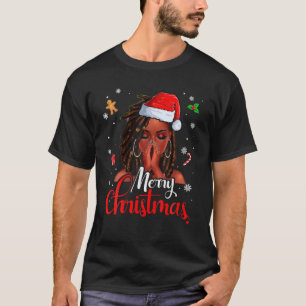 Loc'd Hair Black Woman Merry Christmas Santa Hat X T-Shirt