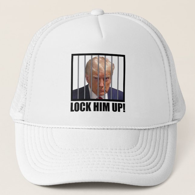 Lock Him Up! Trump Mugshot Trucker Hat (Front)