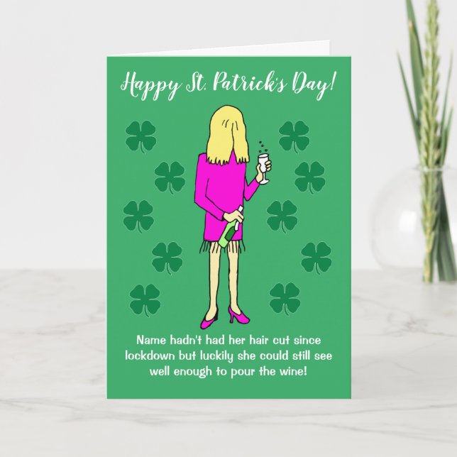 Lockdown Woman Drinking Wine St Patricks Day Card (Front)