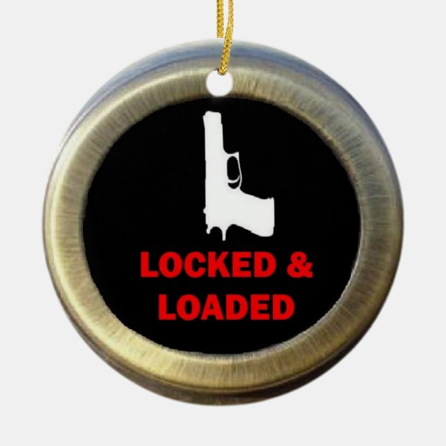 Locked and Loaded Gun Ceramic Tree Decoration (Front)