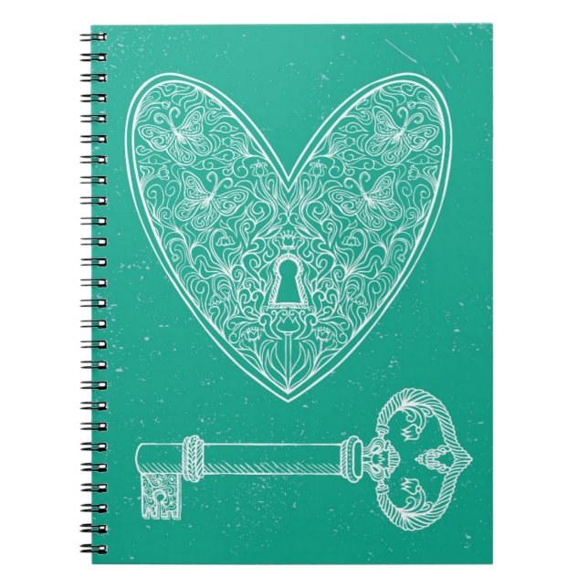 Locked Heart and Key on Emerald Green Background Notebook (Front)