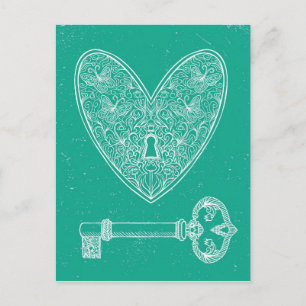 Locked Heart and Key on Emerald Green Background Postcard