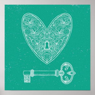 Locked Heart and Key on Emerald Green Background Poster