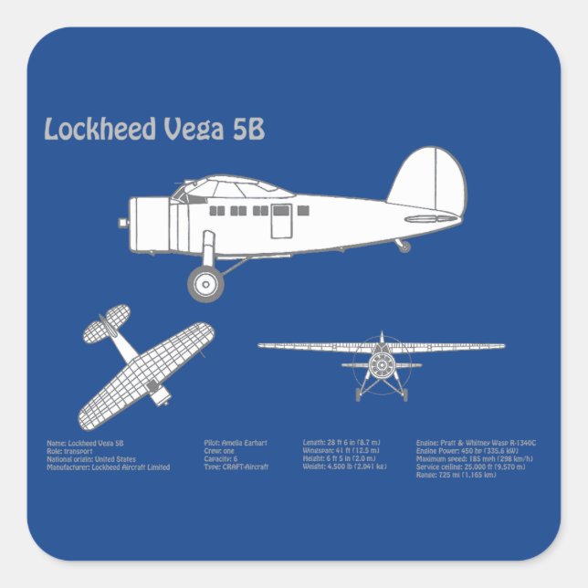 Lockheed Vega 5B - Aeroplane Plans ABD Square Sticker (Front)