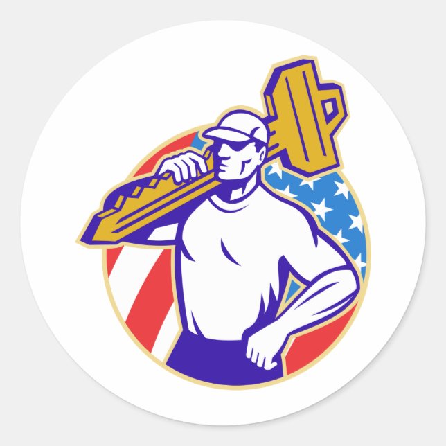 Locksmith Holding Key With American Flag Retrp Classic Round Sticker (Front)