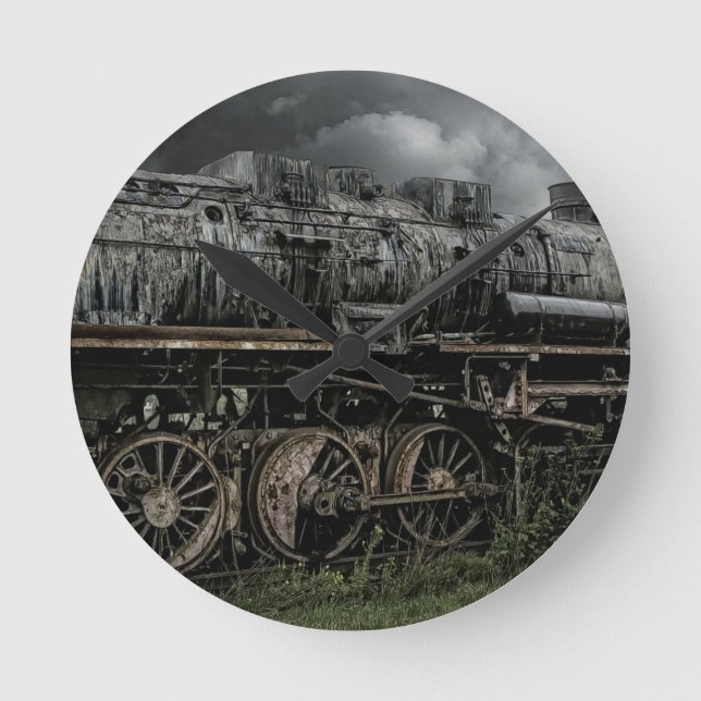 locomotive steam engine train rail railway round clock (Front)