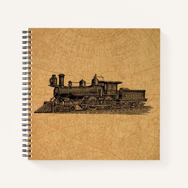 Locomotive Train Vintage Steam Engine & Map Style Notebook (Front)