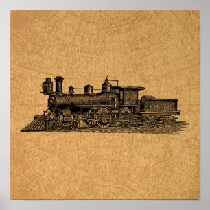 Locomotive Train Vintage Steam Engine & Map Style Poster