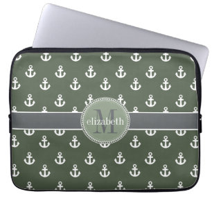 Loden Green White Ship Anchors Monogram Laptop Sleeve