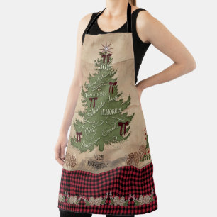 Lodge Christmas Tree Typography Wood Buffalo Check Apron