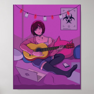 Lofi Anime Art Playing Guitar Poster