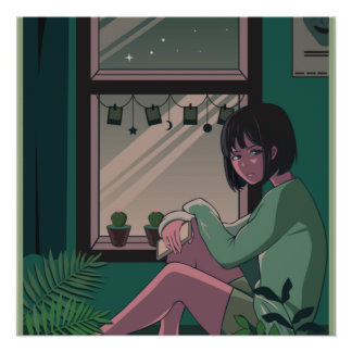 Lofi Anime Art Sad Girl Missing Someone Poster