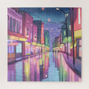 Lofi City Night Lights Colourful Watercolor Jigsaw Puzzle