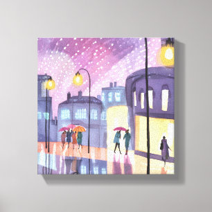 Lofi Rainy Walk Colourful City Lights Watercolor Canvas Print