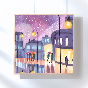 Lofi Rainy Walk Colourful City Lights Watercolor Poster