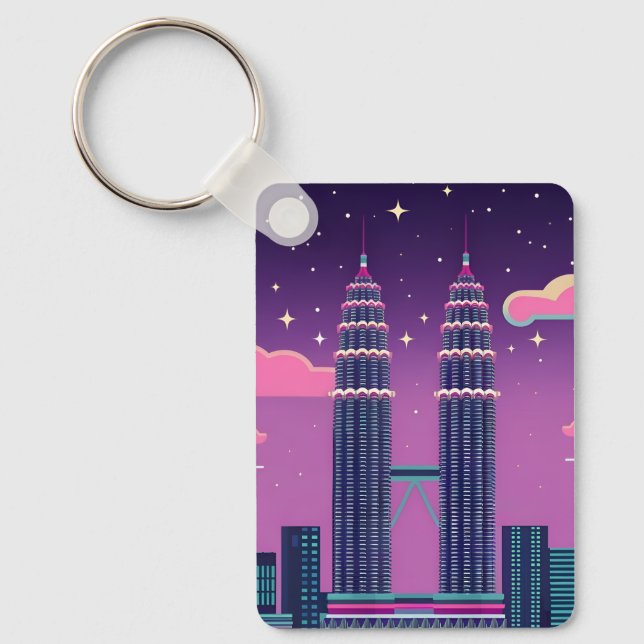 LoFi Vaporwave Retro 80s Petronas Towers Malaysia Key Ring (Front)