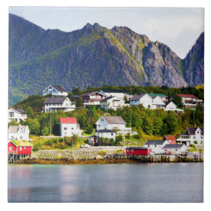 Lofoten Norway Reine village under sunny blue sky Ceramic Tile