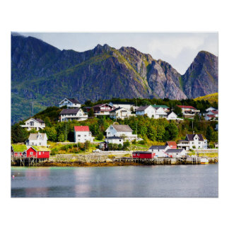 Lofoten Norway Reine village under sunny blue sky Poster