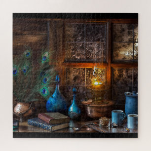 Log Cabin by lamplight scene brown blue rustic Jigsaw Puzzle