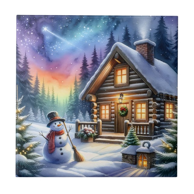 Log Cabin - Christmas Ceramic Tile (Front)