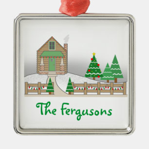Log Cabin & Christmas Lights Snow Scene Metal Ornament