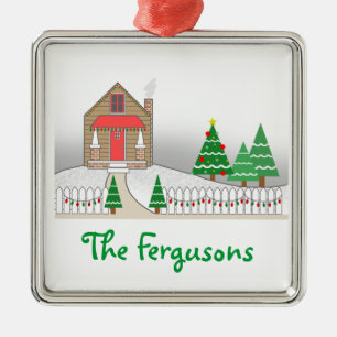 Log Cabin & Christmas Lights Snow Scene Metal Ornament