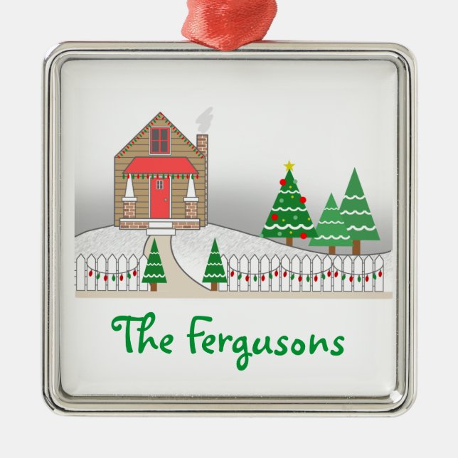 Log Cabin & Christmas Lights Snow Scene Metal Ornament (Front)