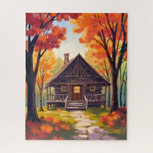 Log Cabin Fall Foliage Forest Watercolor Jigsaw Puzzle