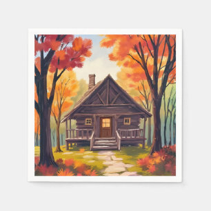 Log Cabin Fall Foliage Forest Watercolor Napkin