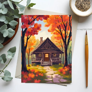 Log Cabin   Fall Foliage Forest Watercolor Postcard