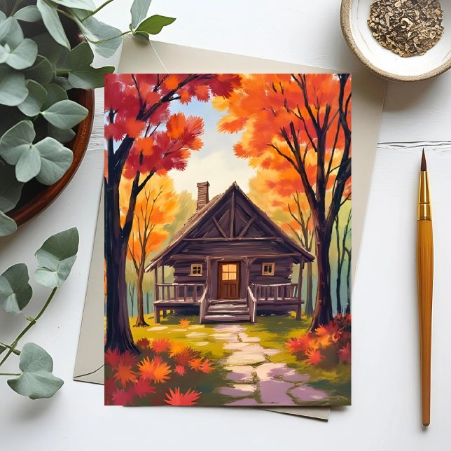 Log Cabin | Fall Foliage Forest Watercolor Postcard (Creator Uploaded)
