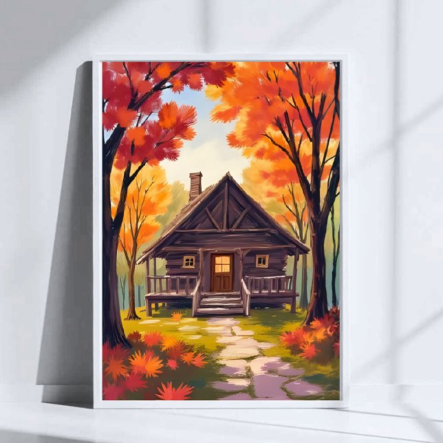 Log Cabin | Fall Foliage Forest Watercolor Poster (Creator Uploaded)