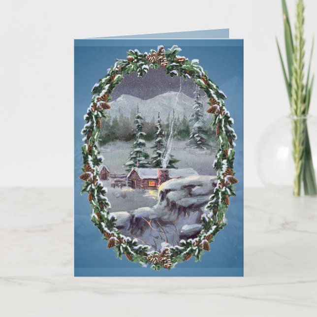 LOG CABIN & FIR BOUGHS by SHARON SHARPE Holiday Card (Front)