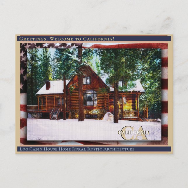Log Cabin House Home Rural Rustic Linen + Flag Postcard (Front)