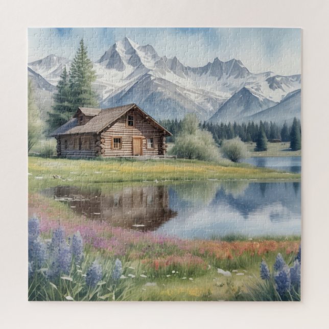 Log cabin in spring meadow jigsaw puzzle (Vertical)