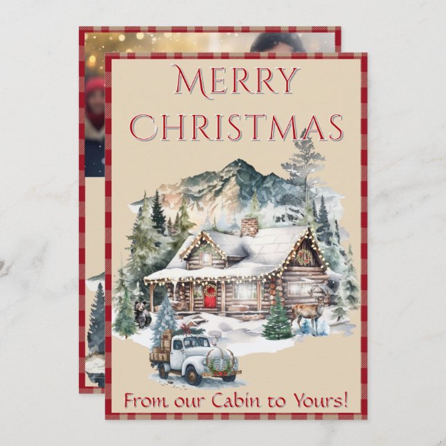 Log Cabin in the Mountains Christmas 1 Photo  Holiday Card (Front/Back)