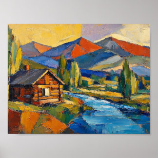 Log Cabin In The Woods Abstract art painting Poster