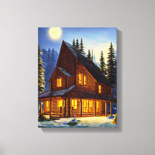 Log Cabin In The woods Snow landscape Art Canvas Print