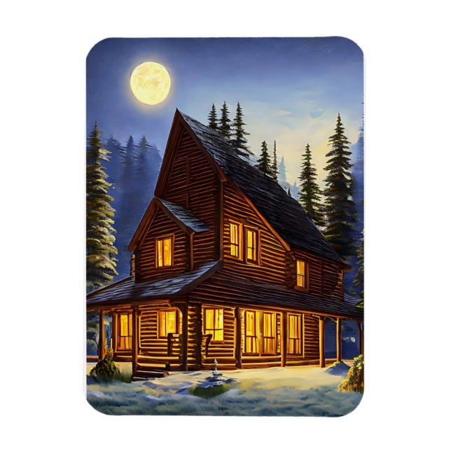 Log Cabin In The woods Snow landscape Art  Magnet (Vertical)