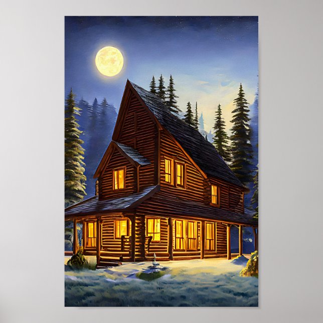 Log Cabin In The woods Snow landscape Art Poster (Front)