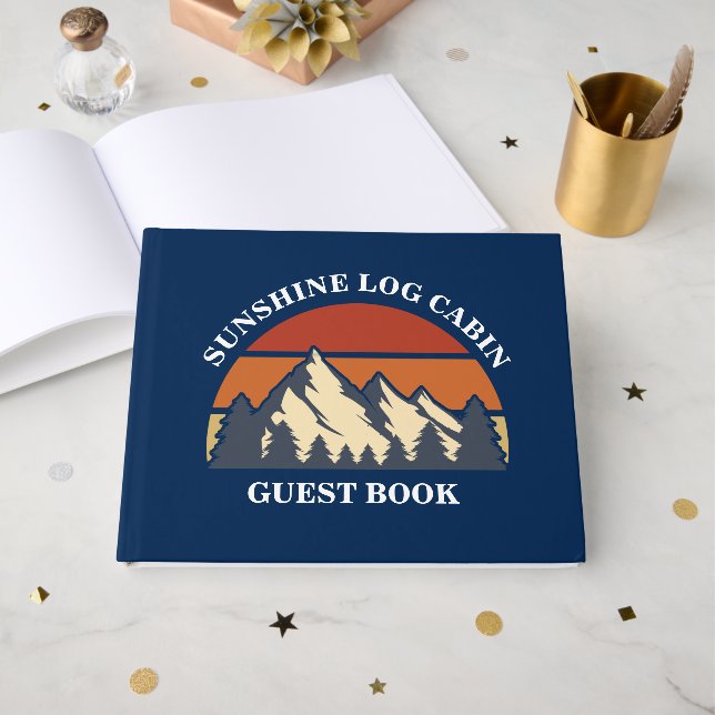 Log Cabin Mountain Vacation Rental Custom Blue Guest Book (Front Open)