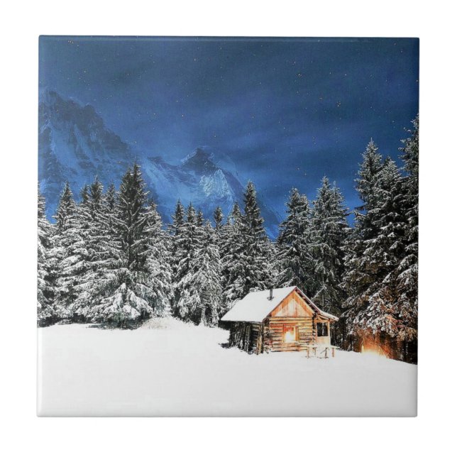 Log Cabin Mountain View Ceramic Tile (Front)